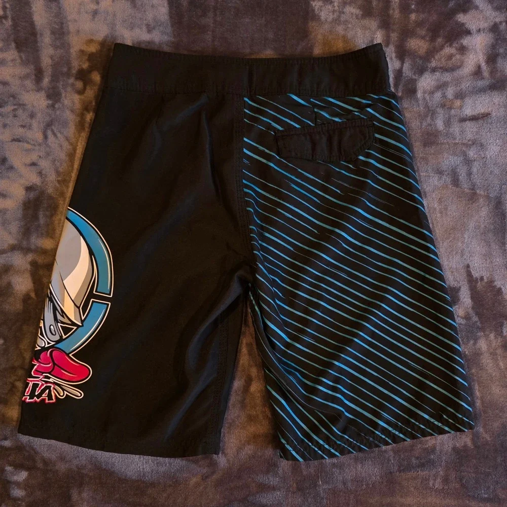 Metal Mulisha Boardshorts Size 27 Black Teal Zombie Skull Graphic Swim Trunks